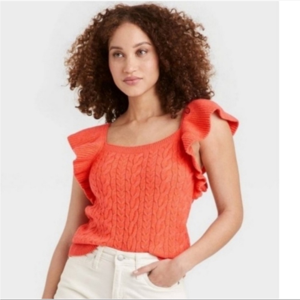 a new day Orange Ruffle Shoulder Cable Knit Sleeveless Top